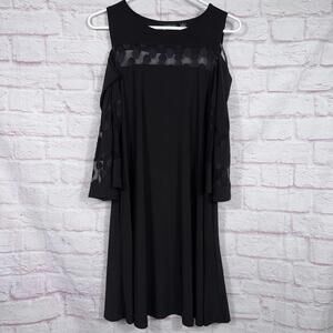 Nina Leonard Small Black Cold Shoulder Dress with Sheer Accents